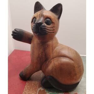 Handcarved Wood Siamese Brown and Black 6 Inch Cat Figurine Art Decor Farmhouse